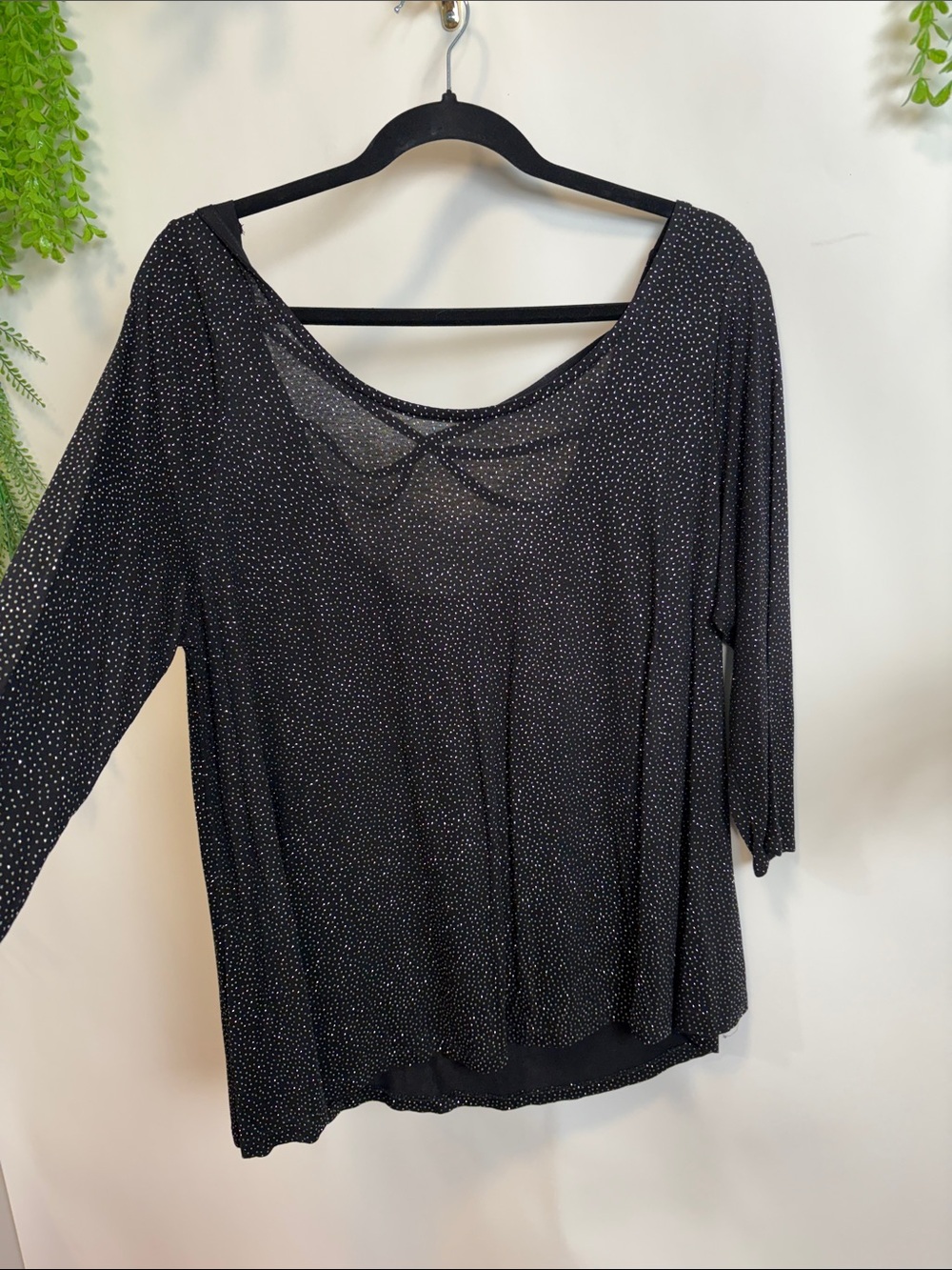 Jennifer Lopez Black Long Sleeve Scoop Neck Top with Micro Dot sparkle